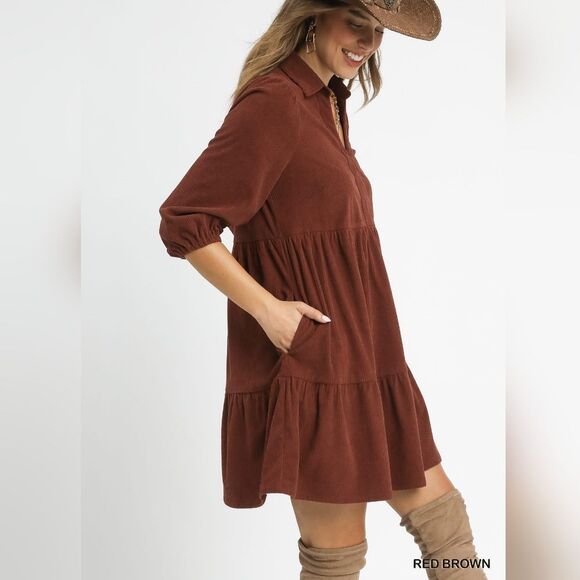 🎁25% Off Bundles🎁  Umgee Tiered Corduroy Mini Dress Balloon Sleeves - Picture 6 of 7